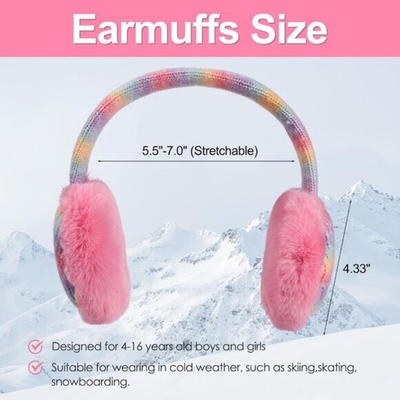 ⚡Kid Rainbow Pink Knitted Rainbow Winter Outdoor Plush Adjustable Warm Ear Muffs - Picture 6 of 7